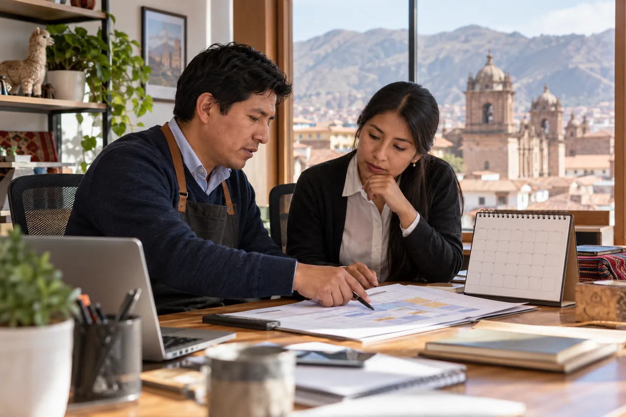 Empleador y trabajadora organizando un calendario laboral en Cusco